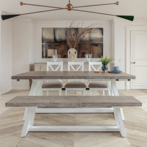 white and grey 1.6m extending dining table with 3 chairs on far side and bench in foreground in dining room setting