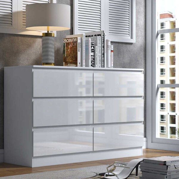 Gloss-6-Drawer-Chest-White-Front-On-Lifestyle