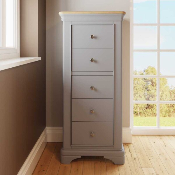 Serenity-5-Drawer-Tall-Grey-Front-On-Lifestyle