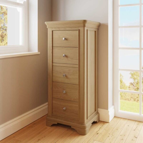 Serenity-5-Drawer-Tall-Oak-Lead-Image-Lifestyle